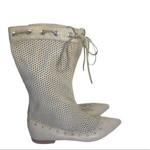 KENZO 80s Vintage Perforated Soft Leather Boots Booties Pointy Toe Flat Studs 38
